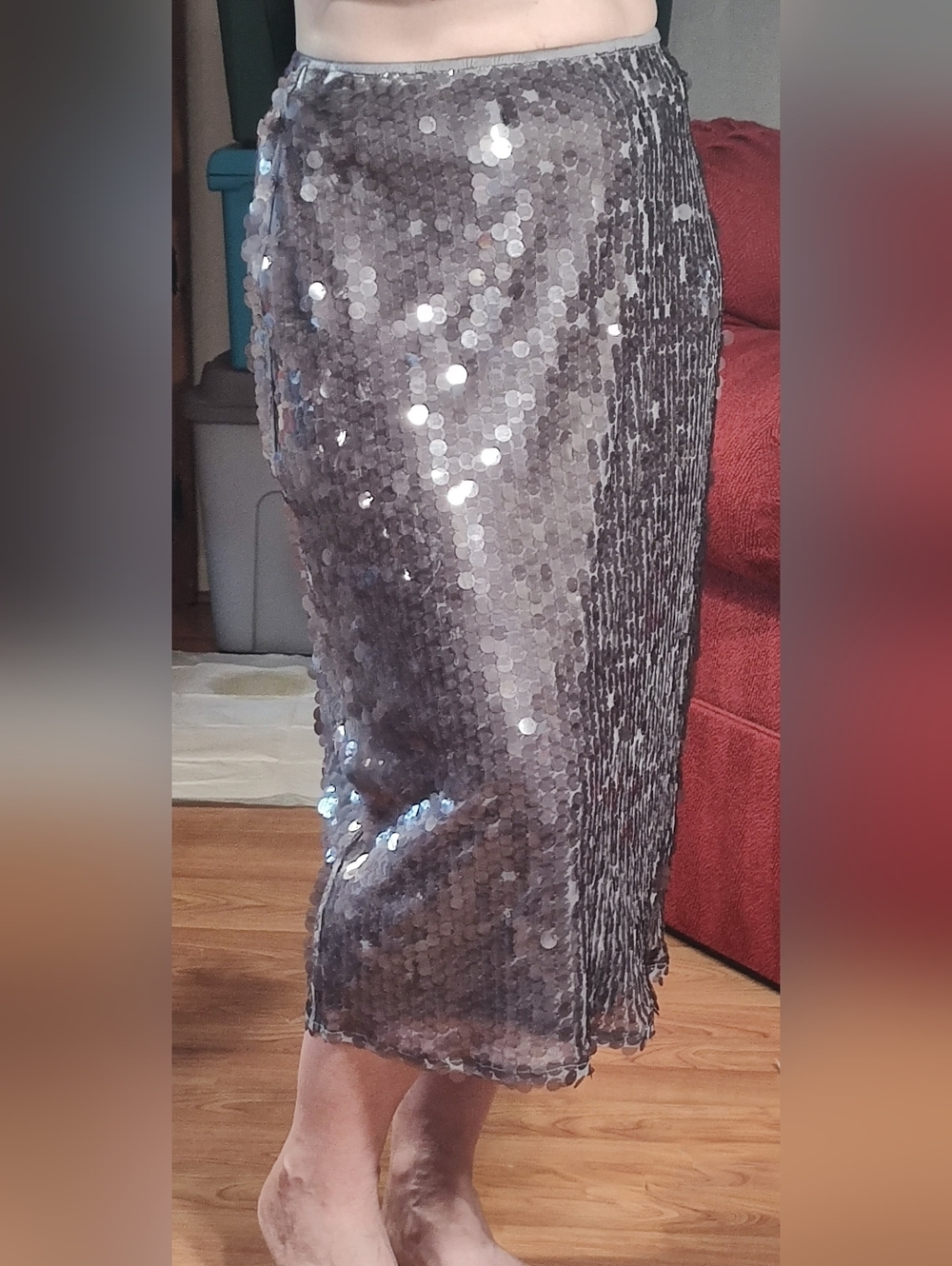 NWT Silver Sequin Midi Skirt -  (Missing Sequins As Shown)
